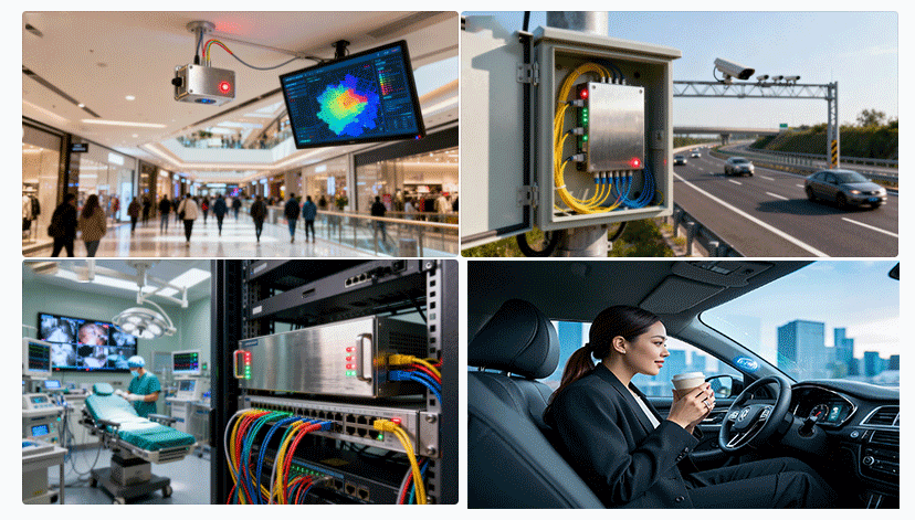 光開關(guān)在室內(nèi)定位、智能交通、醫(yī)療通信等典型場景示意圖 - 廣西科毅